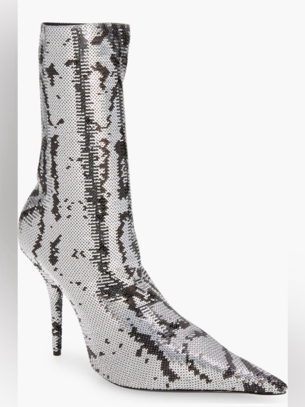 Balenciaga Knife booties pointed toe silver snake-print sequin stiletto heel 38